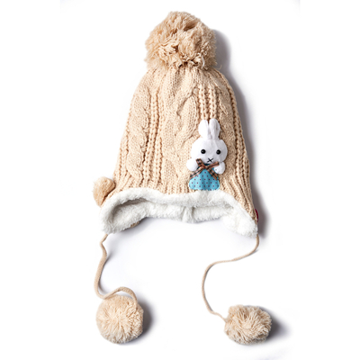 Beige Children's Tie-Up Beanie with Decoration - Accessories