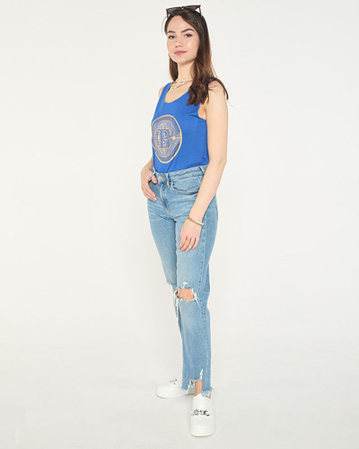 Ladies' top with gold print in dark blue - Clothing