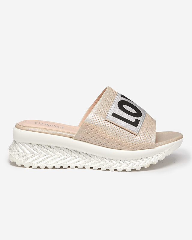 Ladies' beige shiny slippers with the words Sosha- Footwear