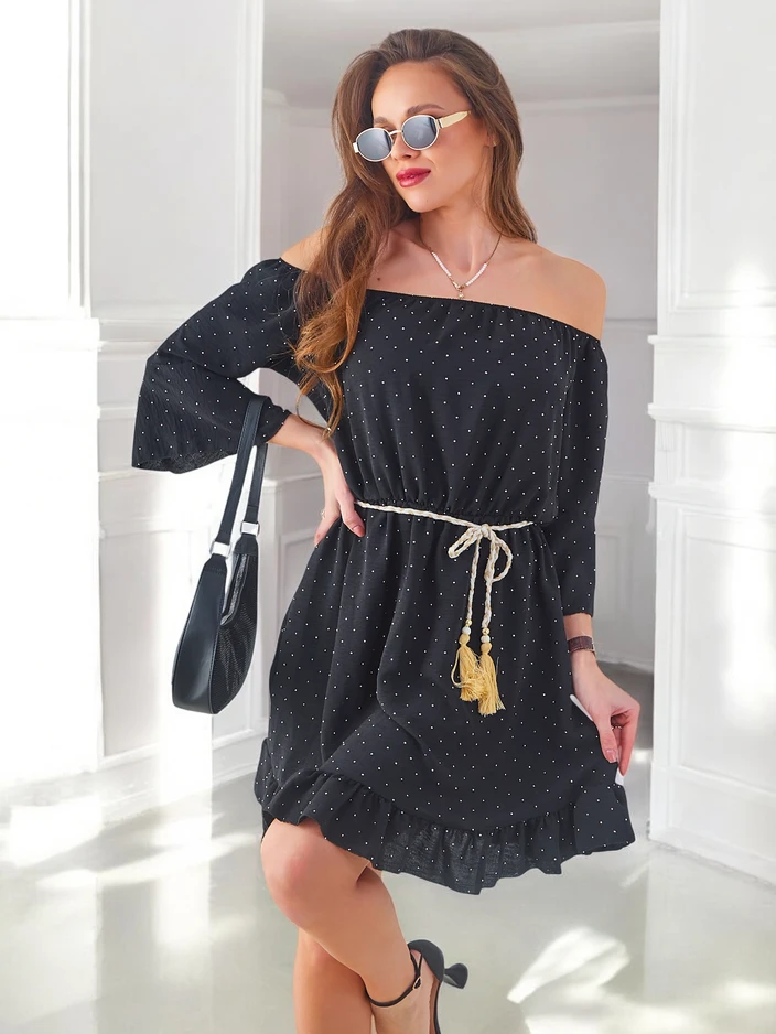 Royalfashion Sieviešu mini kleita bez pleciem ar garām piedurknēm un rhinestones