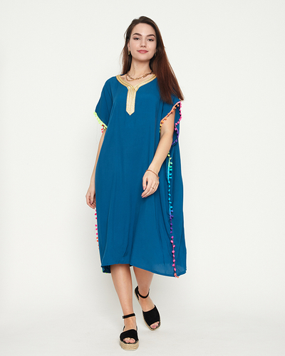 Turquoise women's summer beach tunic with pompoms - Clothing