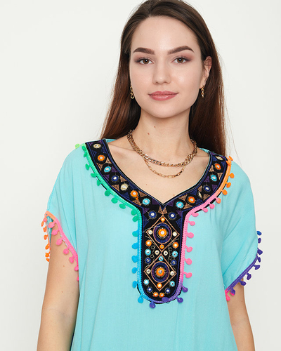 Women's mint summer beach tunic with fringes - Clothing
