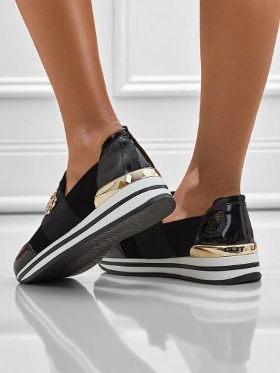 Elektra Nero women's slip-ons with a golden accent, eco-leather, 3.5cm