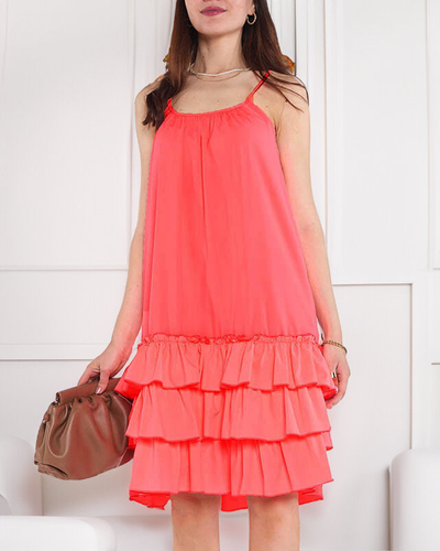 Pink neon women's dress on straps with frills - Clothing
