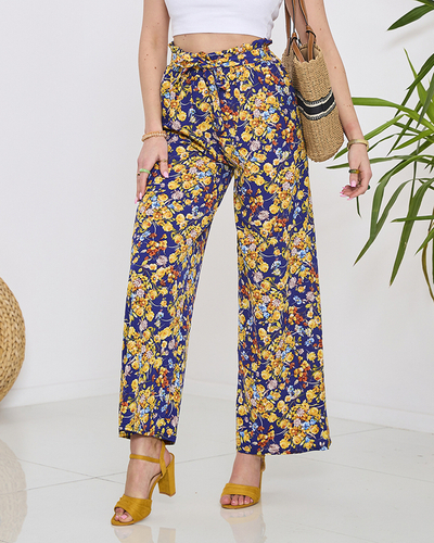 Women's blue palazzo pants with navy blue flowers- Clothing