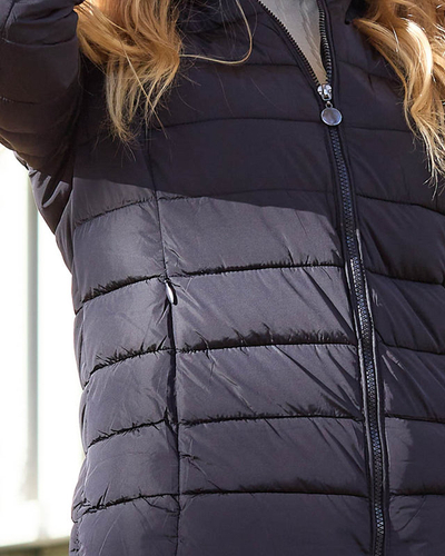 Navy blue women's quilted jacket with hood and fur- Clothing