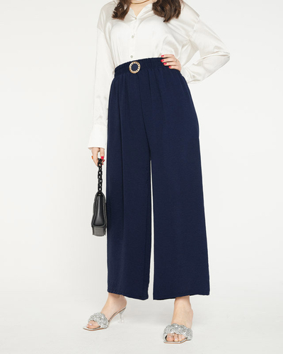 Navy blue women's wide palazzo pants with ornament - Clothing