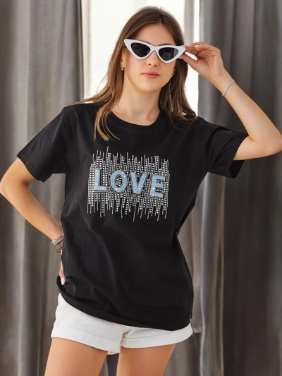 Royalfashion Sieviešu Kokvilnas T-Krekls LOVE ar Rhinestones