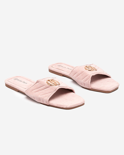 Light pink women's eco-suede slippers with a golden ornament Fanico - Shoes