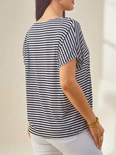 Royalfashion Women's viscose striped blouse with short sleeves and glitter finish