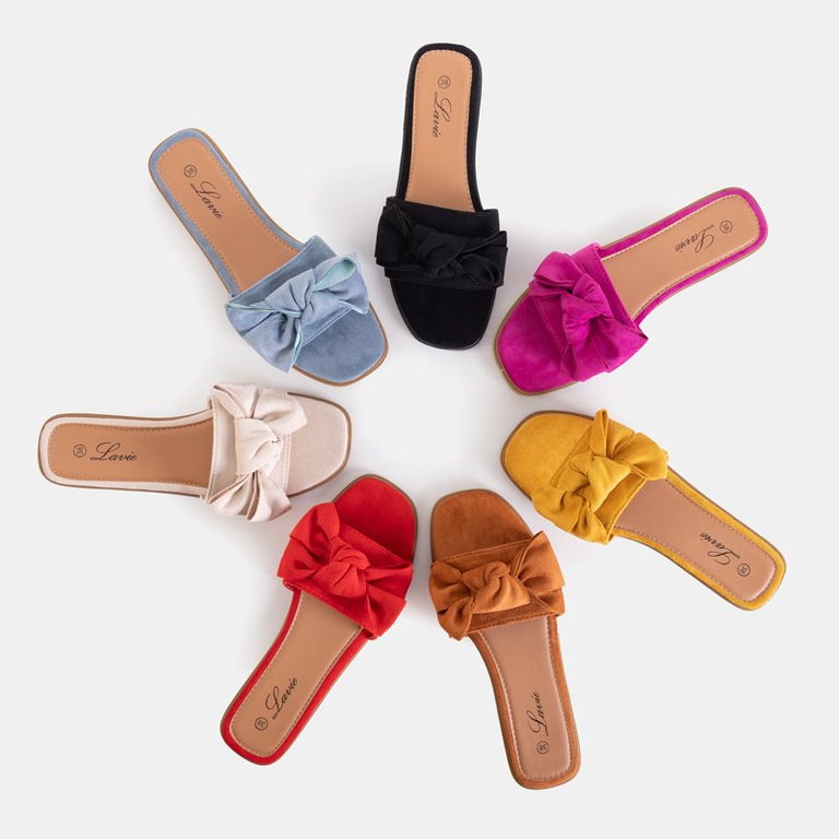 Blue women's slippers with a Bonjour bow - Shoes