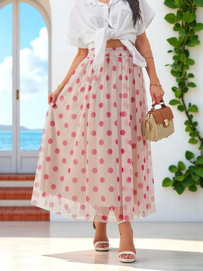 Royalfashion Women's viscose midi skirt with polka dot tulle