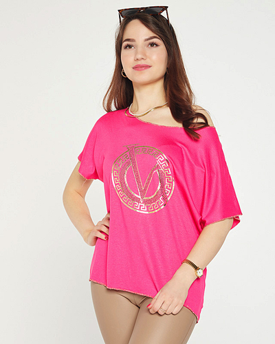 Fuchsia women's blouse with print and cubic zirconia - Clothing