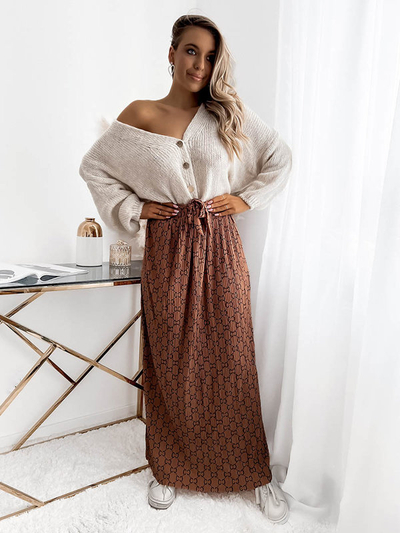 Brown women's pleated patterned maxi skirt - Clothing