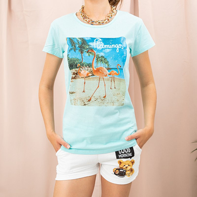 Mint women's t-shirt with flamingo print - Clothing