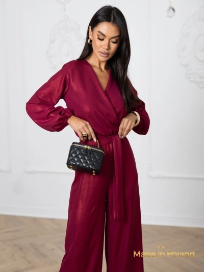 Women's 'Valentina' burgundy jumpsuit with long sleeves and wide legs
