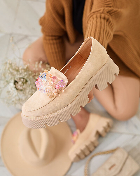 Royalfashion Bēšas krāsas sieviešu mokasīni ar krāsainiem kristāliem Crystal Glam