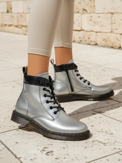 Women's Silver Celestina Eco Patent Leather Ankle Boots with Zipper
