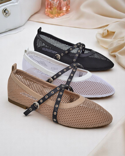 Балетки Royalfashion Calista Bianca – сетчатые белые женские туфли с черными ремешками