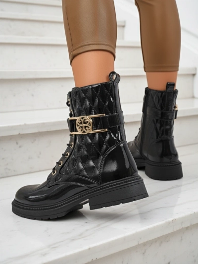 Pikowane botki damskie z ekologicznej skóry lakierowanej Opal Verge