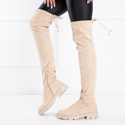 Eko zamšādas smilškrāsas platpapēžu zābaki pāri ceļgaliem Engi - Apavi