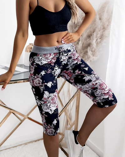 Ziedu 3/4 sieviešu šorti tumši zilā un koraļļu krāsā PLUS IZMĒRS - Apģērbs