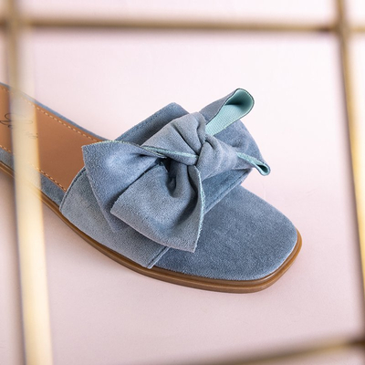 Blue women's slippers with a Bonjour bow - Shoes