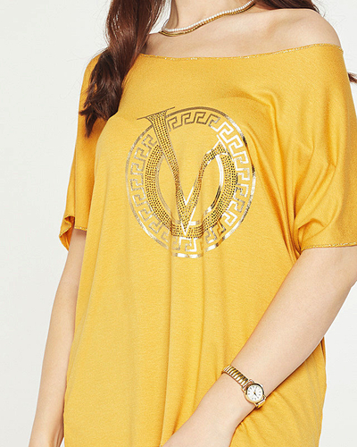 Women's mustard blouse with a print and cubic zirconia - Clothing