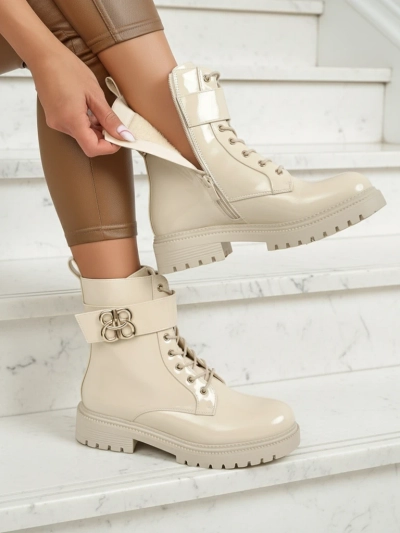 Beige Ariadne eco-leather ankle boots with a zipper, round toe, stylish