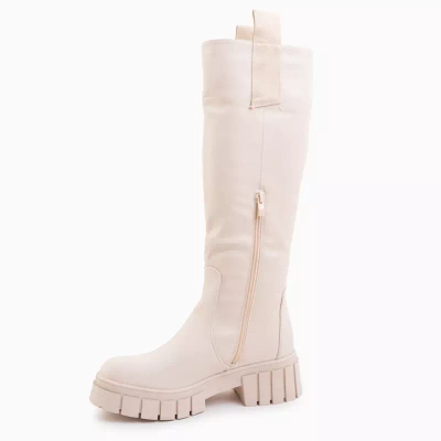 OUTLET Beige women's knee-high boots with flat heel Bitsy - Footwear