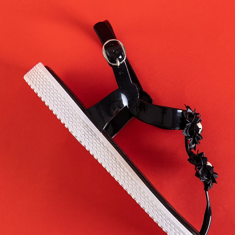 Melnas sieviešu sandales a'la flip-flops ar ziediem Dosana - Apavi