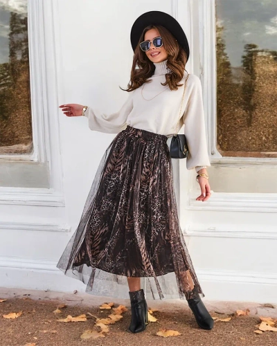 Royalfashion Sieviešu rakstainā vidēja garuma svārki ar tulli