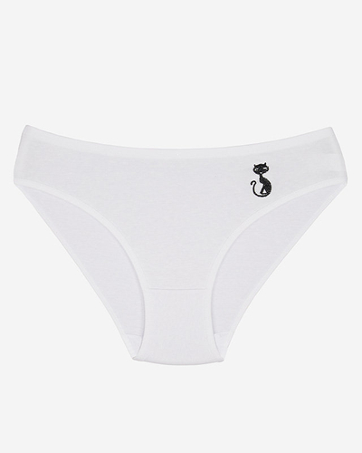 White cotton women's knickers with an embroidered kitten - Underwear