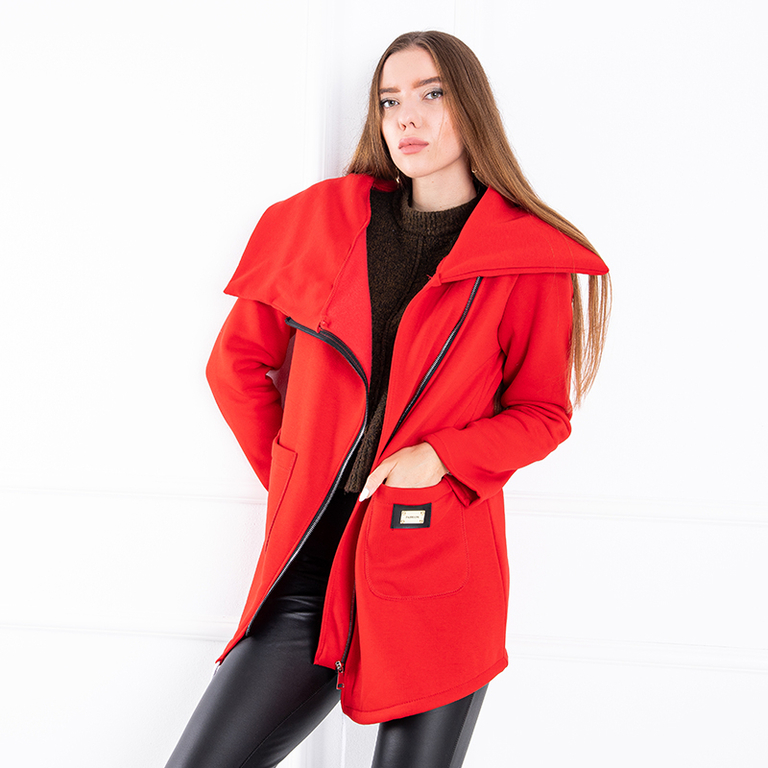 Red women's warm coat with an asymmetric zipper - Clothing
