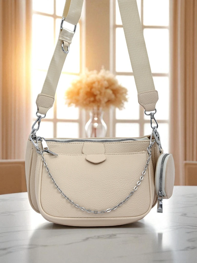 Perseida Multi Beige Leather Handbag with Chain and Pouch