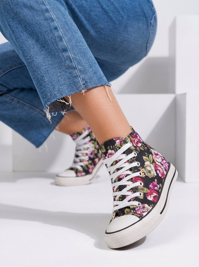 Royalfashion Женские высокие черные кеды с цветочным узором Soxic