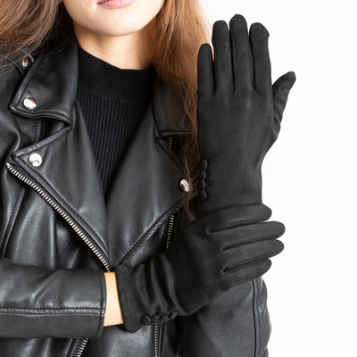 Black eco-suede women's gloves with buttons - Accessories