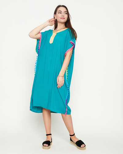 Women's green summer beach tunic with pompoms - Clothing
