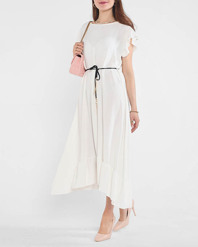 Women's white dress with frills and a tie belt at the waist - Clothing