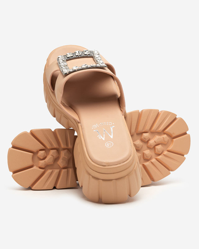 OUTLET Beige women's slippers with Vetasi crystals - Footwear