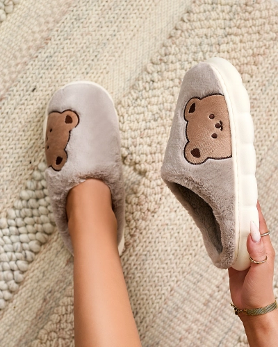 Royalfashion Women's fur slippers with teddy bear in gray Fetemes