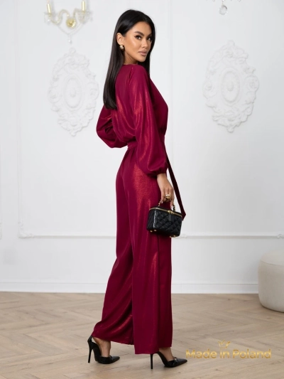 Women's 'Valentina' burgundy jumpsuit with long sleeves and wide legs