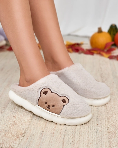 Royalfashion Women's fur slippers with teddy bear in light gray Fetemes