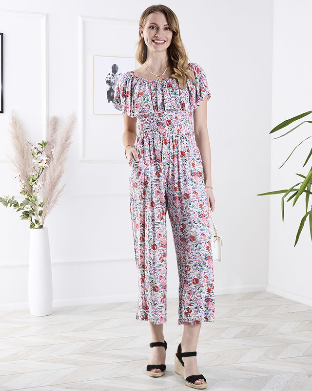 Balts un rozā sieviešu kombinezons ar gariem ziedu rakstiem - Apģērbs