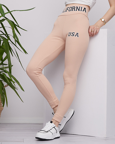 Beige women's ribbed leggings with inscriptions - Clothing