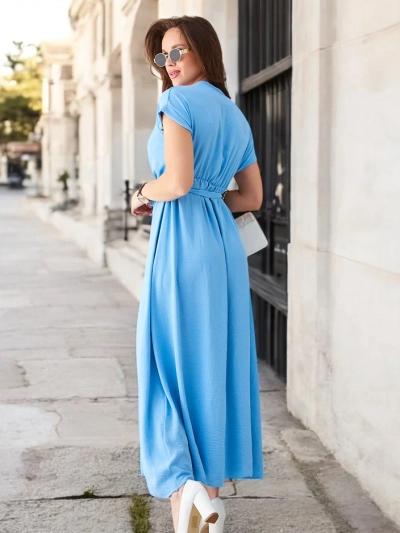 Royalfashion Women's midi dress with a wrap neckline, short sleeves, and a belt
