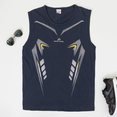 Men's cotton navy blue sleeveless T-shirt - Clothing
