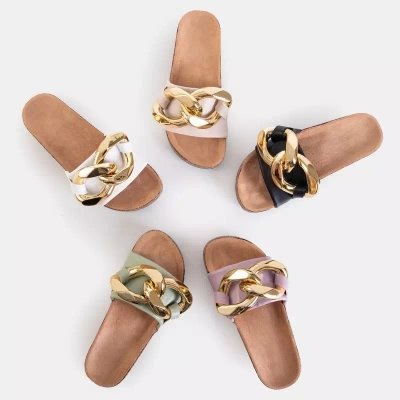 OUTLET Women's white slippers with golden decoration Deirdre - Footwear