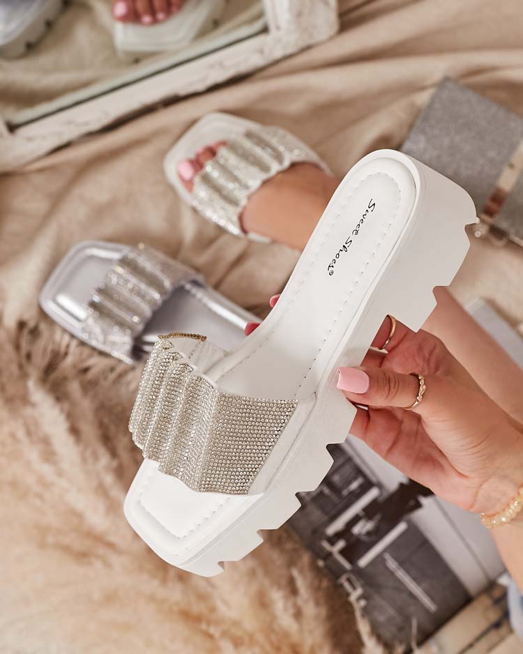 White women's slippers with cubic zirconia Emkoy - Footwear