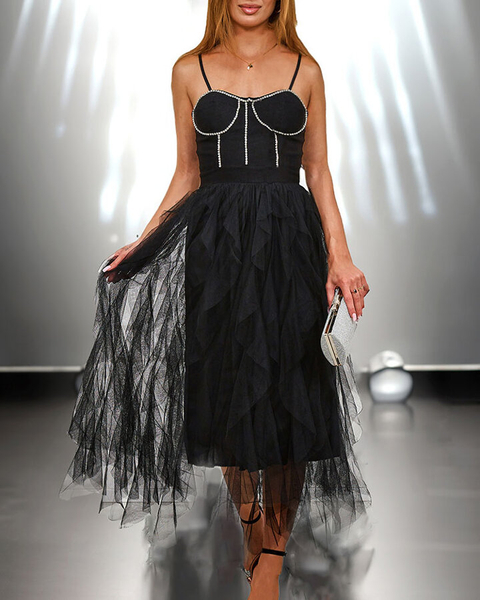 Royalfashion Melna sieviešu midi kleita ar tilla apdari